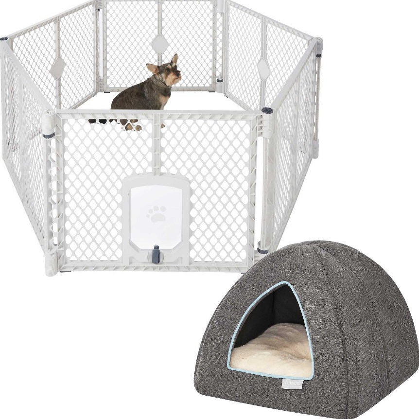 Bundle: Frisco 6-Panel Convertible Plastic Playpen Divider with Wall Mounts, Light Gray + Igloo Covered Cat & Dog Bed, Gray