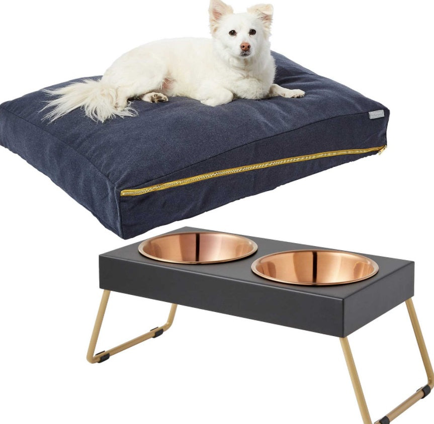Bundle: Frisco Heathered Woven Zipper Orthopedic Pillow Bed, Large + Copper Stainless Steel Elevated Foldable Double Dog & Cat Bowls, 5.75 Cups