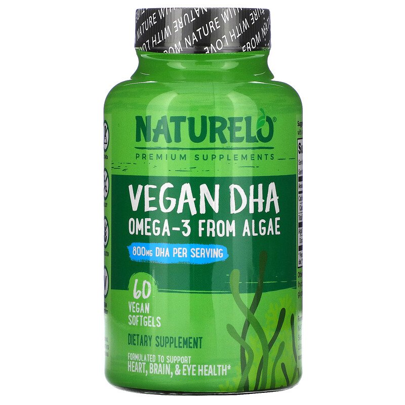 NATURELO, Vegan DHA, Omega-3 from Algae, 800 mg, 60 Vegan Softgels (Vegan)