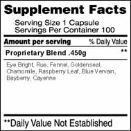 Bright Eyes(100 Capsules)(Eyebright (herb), Fennel (seed), Rue (herb), Chamomile (flower), Goldenseal (root), Red Raspberry (leaves & pulp), Blue Vervain (herb), Bayberry (bark), Cayenne Pepper (40,000 HU))