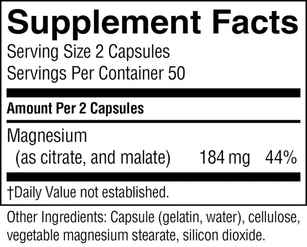Magnesium Complex Dietary Supplement (100 caps,25 Day Supply,50 Serving)(Citrate + Malate Boosted)