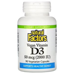 Natural Factors, Vegan Vitamin D3, 50 mcg (2,000 IU), 90 Vegetarian Capsules (Vegan)