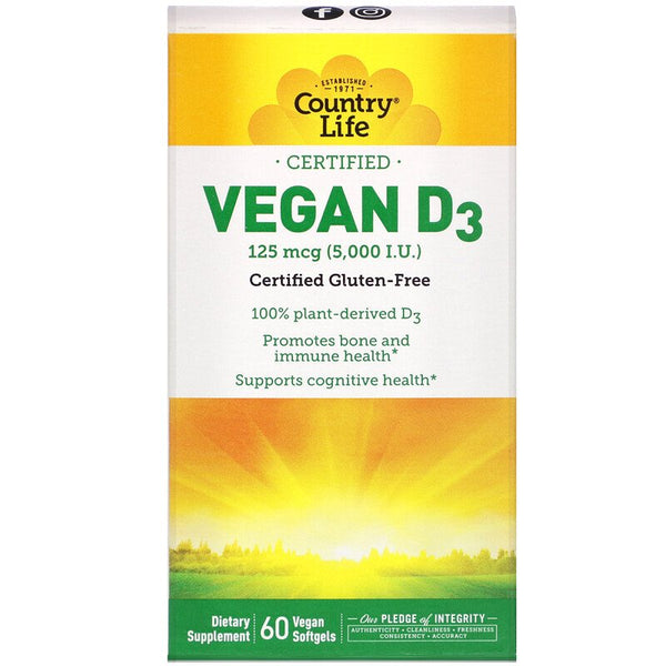 Country Life, Certified Vegan D3, 125 mcg (5,000 IU), 60 Vegan Softgels (Vegan)