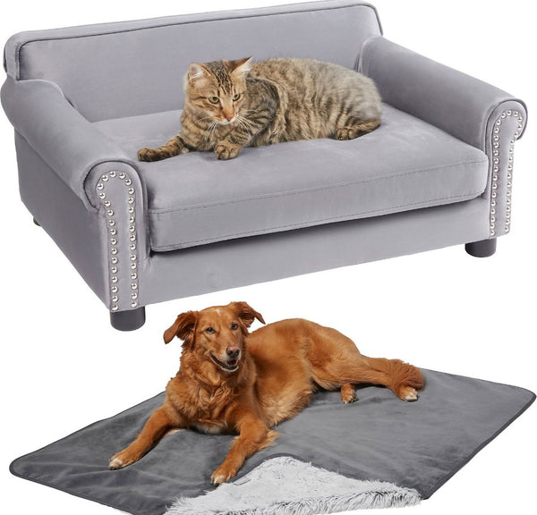 Bundle: Frisco Sofa Bed with Removable Cover, Medium, Gray + Eyelash Cat & Dog Blanket, Silver