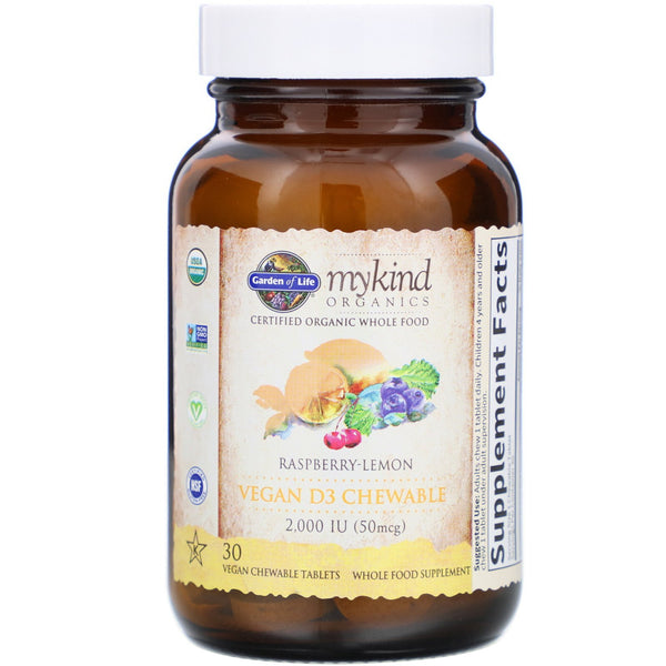 Garden of Life, MyKind Organics, Vegan D3, Raspberry-Lemon, 50 mcg (2,000 IU), 30 Vegan Chewable Tablets (Vegan)