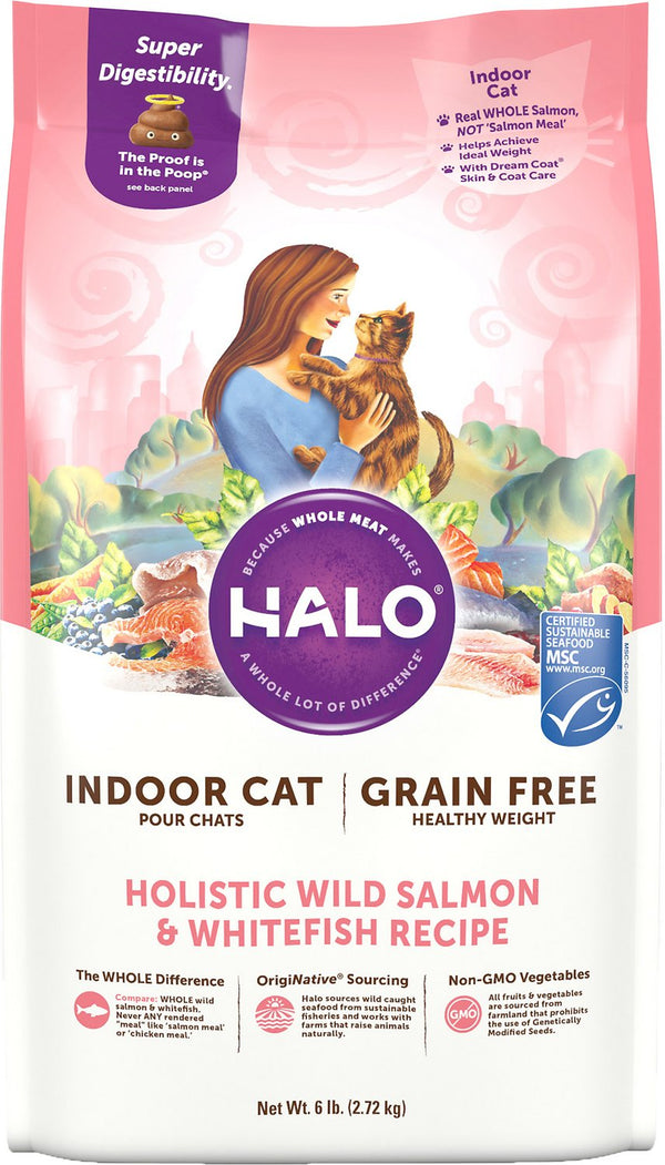 Halo Holistic Wild Salmon & Whitefish Recipe Grain-Free Healthy Weight Indoor Cat Dry Cat Food