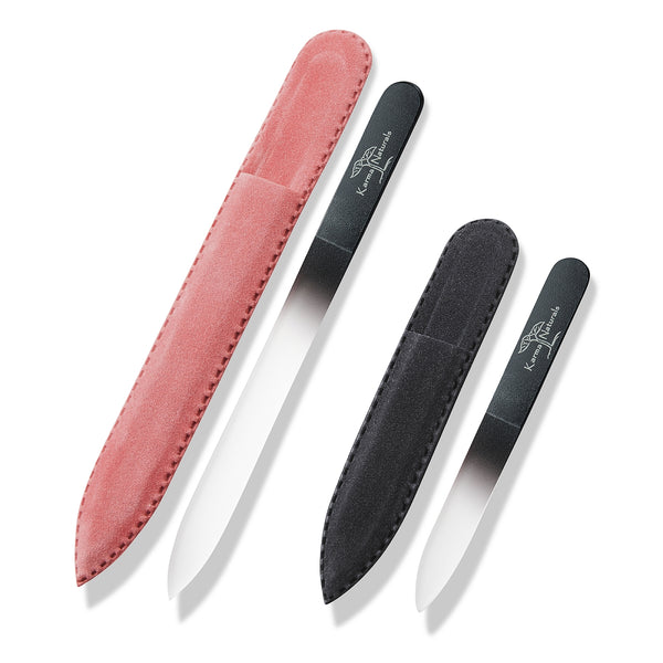 Karma Naturals Set of 2 Glass Nail Files; in Blue and Pink Velvet Pouches 2 sizes (3.54" & 5.31" inches long / 90 & 135 mm long)