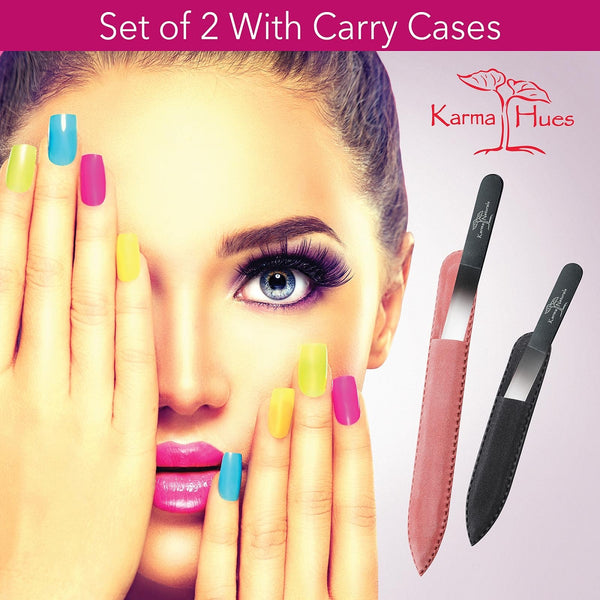 Karma Naturals Set of 2 Glass Nail Files; in Blue and Pink Velvet Pouches 2 sizes (3.54